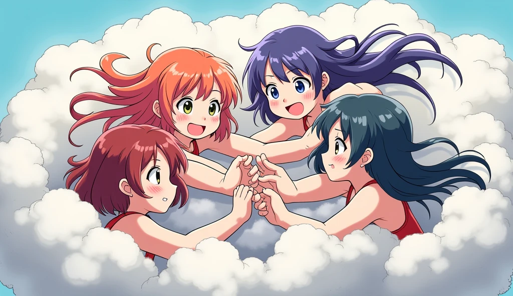 An anime-style illustration depicting many girls playfully wrestling with each other inside a  comical fight cloud.
each girl has different  colored hair.
their faces,hands,and feet are visible emerging from the cloud as they tussle humorously,  with the rest of their bodies completely hidden inside the cloud.
the illustration emphasizes the humorous and energetic nature of their scuffle,with a fluffy  and exaggerated fight cloud.