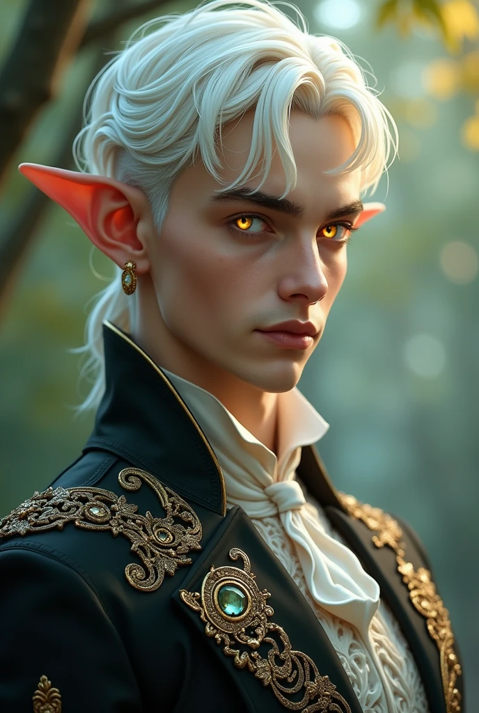Man, elf, yellow eyes, jewerly, soft light, short pretty white hair, tanatsy formal clothes, featured face, boyz cat like eyes, normal lips