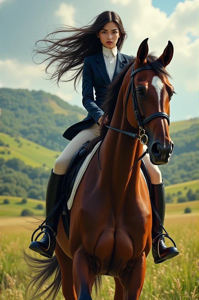 Skinny brunette on a horse