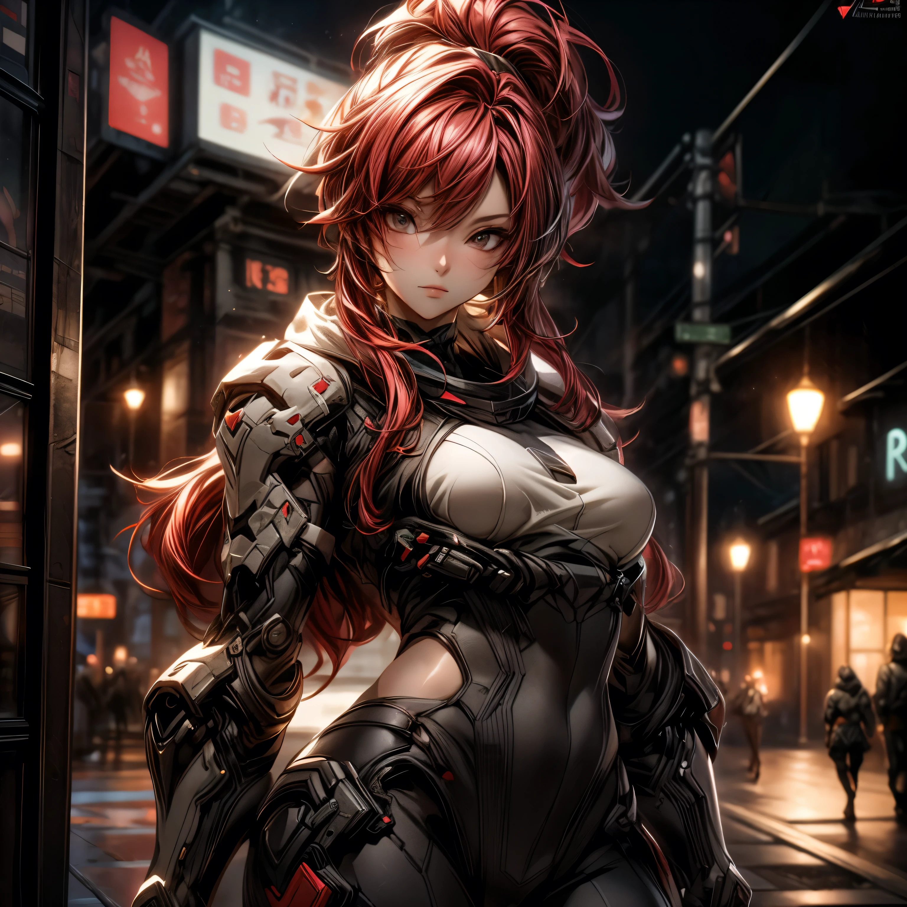 (best quality)), ((Masterpiece)), (details:1.4), 3d, HDR (high dynamic range), an image of a beautiful cyberpunk female, fantasy, Hips up, Red hair, High ponytail, beautiful white eyes, จมูกโด่ง, ปากแดง, หน้าอกใหญ่, nvidia RTX, PBR surface, After processing, Anisotropic filtration,depth of field, Maximum clarity and clarity, multi-layered surface, Subsurface scattering, perfect proportions, 8K raw files, ultra detailed, Perfect proportions, volumetric lighting, soft lighting, Holy Paladin, Heavy Armor, glossy skin, cyber city background, jewely, ต่างหู, นิ้วมือสมบูรณ์,