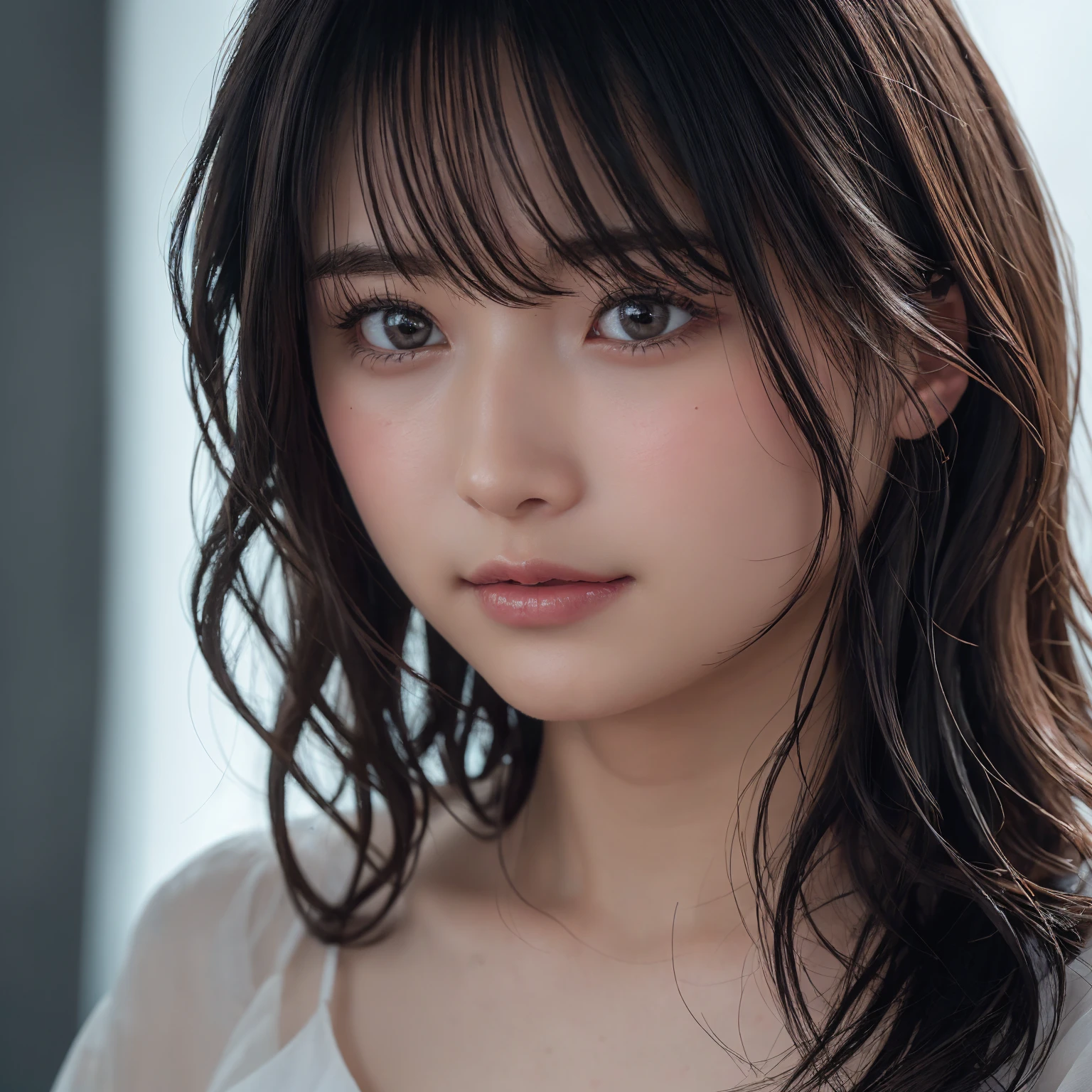 ((Upper Body:1.3)).Blown by the long wind [茶hair:.3] hair,Looking at the audience with a smile, (Tabletop:1.3), (8k, Realistic, RAW Photos, Highest quality: 1.4), One person,Japanese, (1 person), Beautiful Face, (Realistic face),{Wavy medium hair|Front hair long bob|short hair with long bangs}{Black hair|Brown hair|Blonde hair}, Beautiful hairstyle, Realistic eyes, Beautiful and beautiful eyes, (Realistic skin), Beautiful Skin, charm, Ultra-high resolution, Surreal, Very detailed, Golden Ratio,shame(blush:1.3),Upper Bodyは裸、Protruding nipples