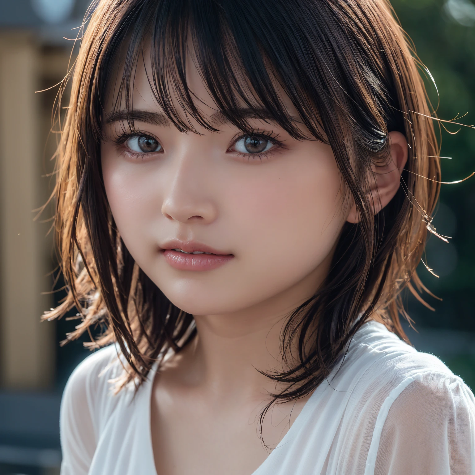 ((Upper Body:1.3)).Blown by the long wind [茶hair:.3] hair,Looking at the audience with a smile, (Tabletop:1.3), (8k, Realistic, RAW Photos, Highest quality: 1.4), One person,Japanese, (1 person), Beautiful Face, (Realistic face),{Wavy medium hair|Front hair long bob|short hair with long bangs}{Black hair|Brown hair|Blonde hair}, Beautiful hairstyle, Realistic eyes, Beautiful and beautiful eyes, (Realistic skin), Beautiful Skin, charm, Ultra-high resolution, Surreal, Very detailed, Golden Ratio,shame(blush:1.3),Upper Bodyは裸、Protruding nipples