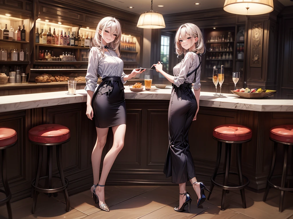 ((best quality)), ((work of art)), ((detailed)), man with short white hair, sitting at a bar table, with two women wearing white dresses, one woman with brown hair and bangs, and another woman with blonde hair.