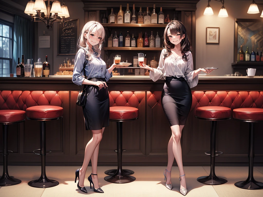 (masterpiece:1.3),(best quality, highest quality),((Full Body Shot,Including face)),girls,4K,masterpiece,((Focus on the face)),((Symmetrical facial features)),Beautiful woman,(slender),((High heels)),Detailed depiction of the face, Cafe ,bar,Casual wear,skirt,Age 25,(smirk),kawaii, (illustration:1.3)