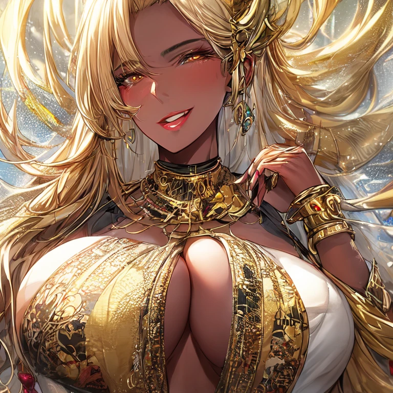Very beautiful mature milf with dark skin with long golden hair with golden eyes with big breasts and oriental clothes UHD, textured skin, super detail, high details, high quality,