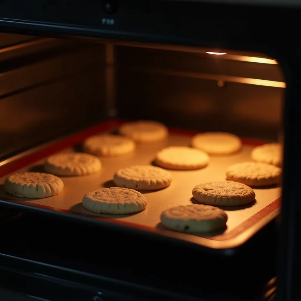 "Cookies baking in a black modern oven with no items on top, orange lighting, no people present, focus on the oven, with round cookies on a silicone mat placed on an oven tray, baking."