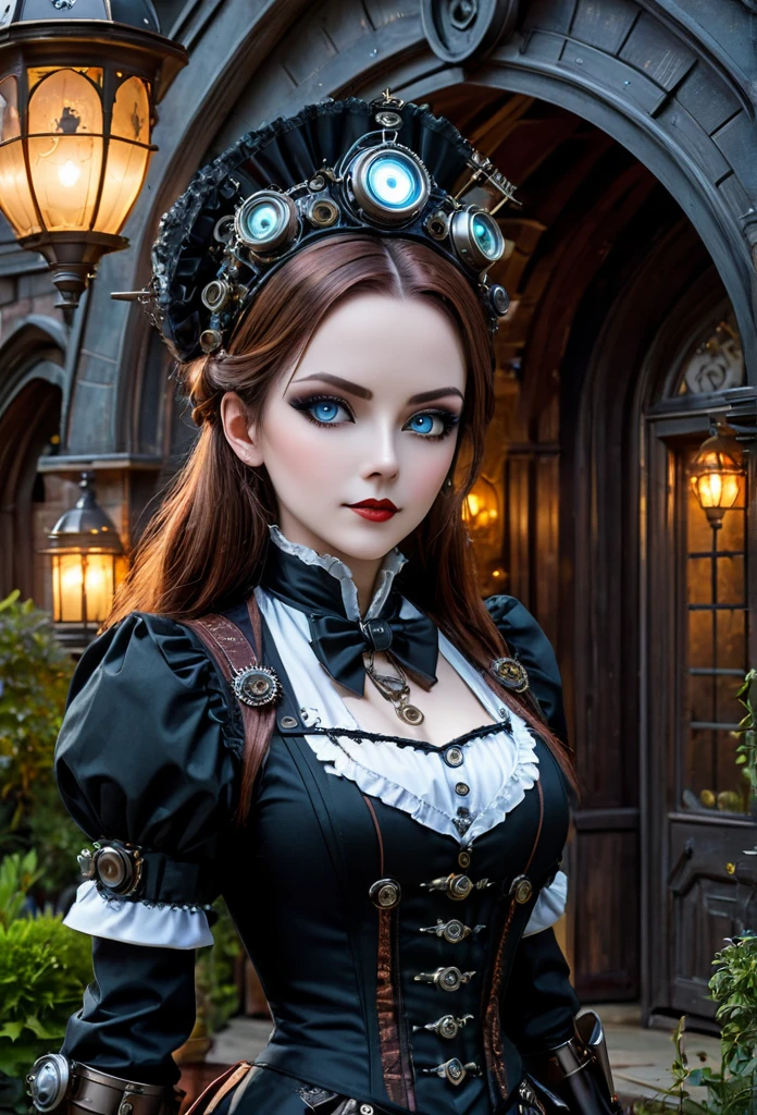 Full moon night,Robot butler at the entrance to the vampire castle garden,Detailed mechanical parts, Butler outfit, Cybernetic eyes,Victorian style, steampunc, Mechanical joint,detailed detail, ambientlighting,training maid