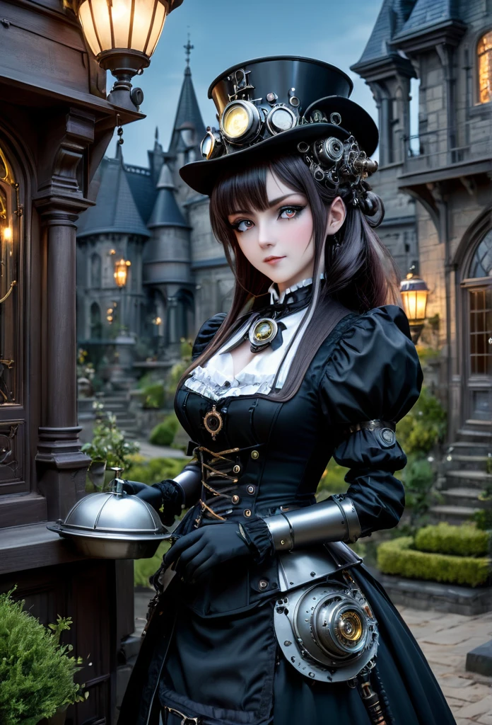Full moon night,Robot butler at the entrance to the vampire castle garden,Detailed mechanical parts, Butler outfit, Cybernetic eyes,Victorian style, steampunc, Mechanical joint,detailed detail, ambientlighting,training maid