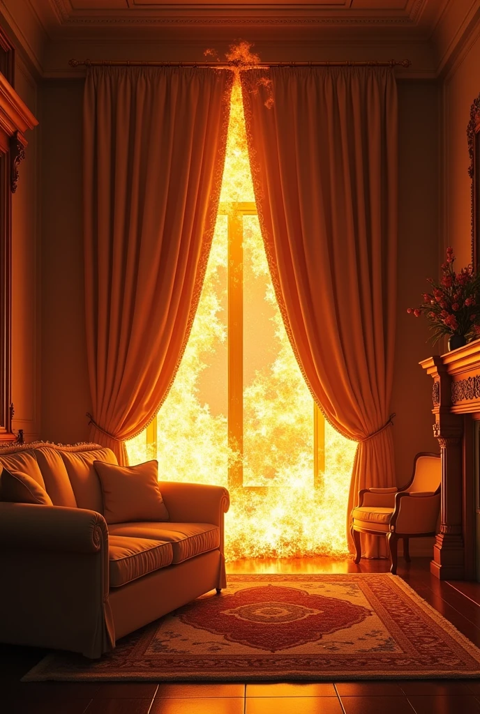 fire and burning curtains in a house in a fully furnished living room , ultra realistic, studio lighting