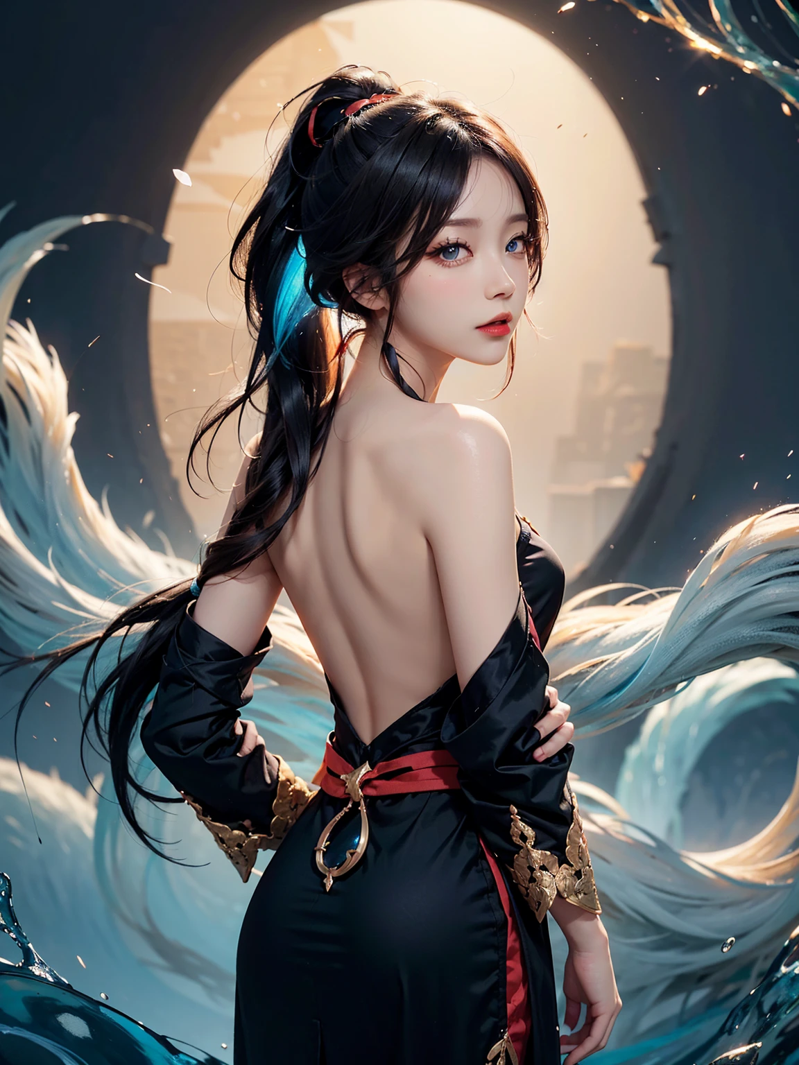 (A Divine Beast), Nine-Tailed Demon Fox, foxes ear, animal ears, animal tails, Dynamic Body Type, (Chinese Monster), beautiful, Splashed Ink, Chinese, 1girl, ((2.5D)), Floating Hair, Beautiful Eyes, Delicate Eyes, Delicate Silhouette, bare neck, bare nape, perfect neck, dynamic pose, casual posing, perfect body, perfect anatomy, detailed iris, sparkle eyes, star in eyes, enchanting blue eyes, red lips, sharp eyelashes, (multicolored eyes), (black hair:1.3), (short ponytail:1.3), (hair between eyes), (hair over one eye:1.3), (floating ponytail:1.3), (high ponytail), hair pin, hair ornaments, hair garments, detailed collarbone, perfect collarbone, perfect breasts, round breasts, Fantasy Art, (Black and Red Antique Brocade Hanfu), FOV, (Masterpiece), Frontal Shot, Side Portrait, from back, bare back, perfect shoulder blades, White Background, (Movie Poster), Sharp, Splash, Cloud, Petals, Empty, Sky, (Wide Angle Lens), Vista