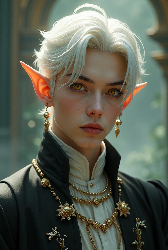 Man, elf, yellow eyes, jewerly, soft light, short pretty white hair, tanatsy formal clothes, featured face, boyz cat like eyes, normal lips