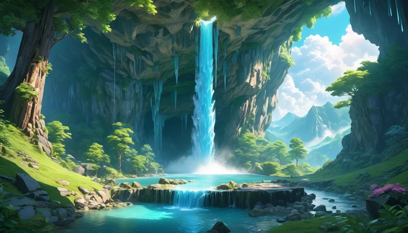 (anime, fantasy), (detailed CG unity 8k wallpaper, masterpiece, best quality, highly detailed, HDR:1.2), A realistic opening of a cave with waterfall and clouds and ice and trees forest, Isometric 3D , Octane Rendering, heavenly atmosphere. {4k texture} {detailed landscape}, colorful, intricate, ethereal lighting.