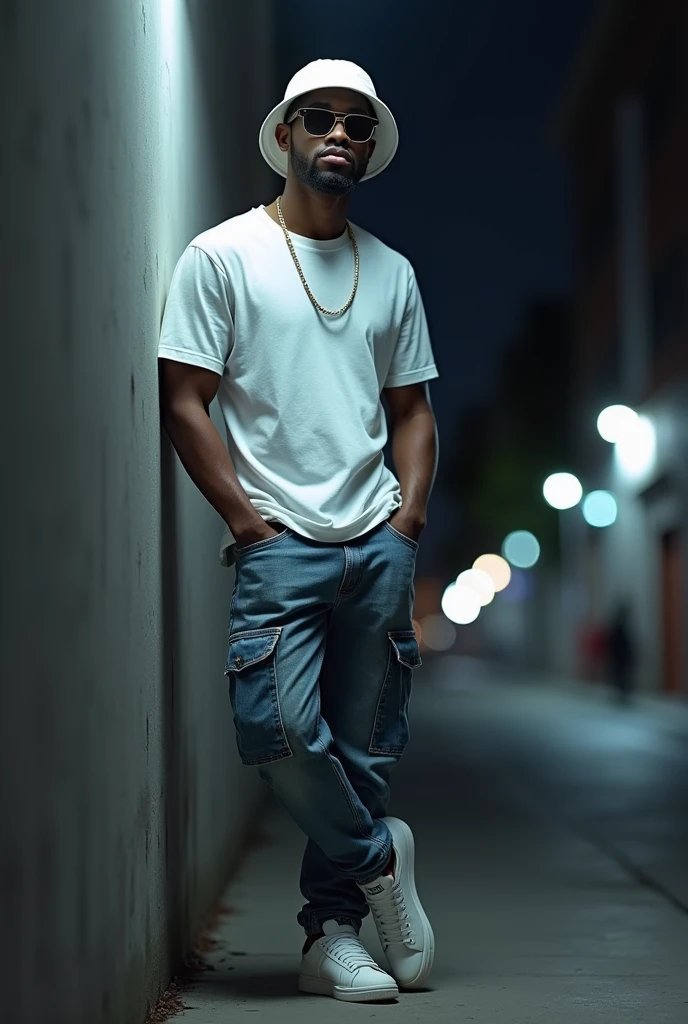 best qualityer:1.4), (ultra high resolution:1.2), (photorrealistic:1.4), (8k, CRU photo:1.2), a thin young man of 20 years old, skin black, with a smooth, beardless face, corte de cabelo buzzcut. He is wearing a white shirt and cargo jeans.. This one is wearing white sneakers. He is wearing a white bucket hat. He is wearing rectangular sunglasses. He's leaning against a wall. thin build. 1,75cm tall. it's night