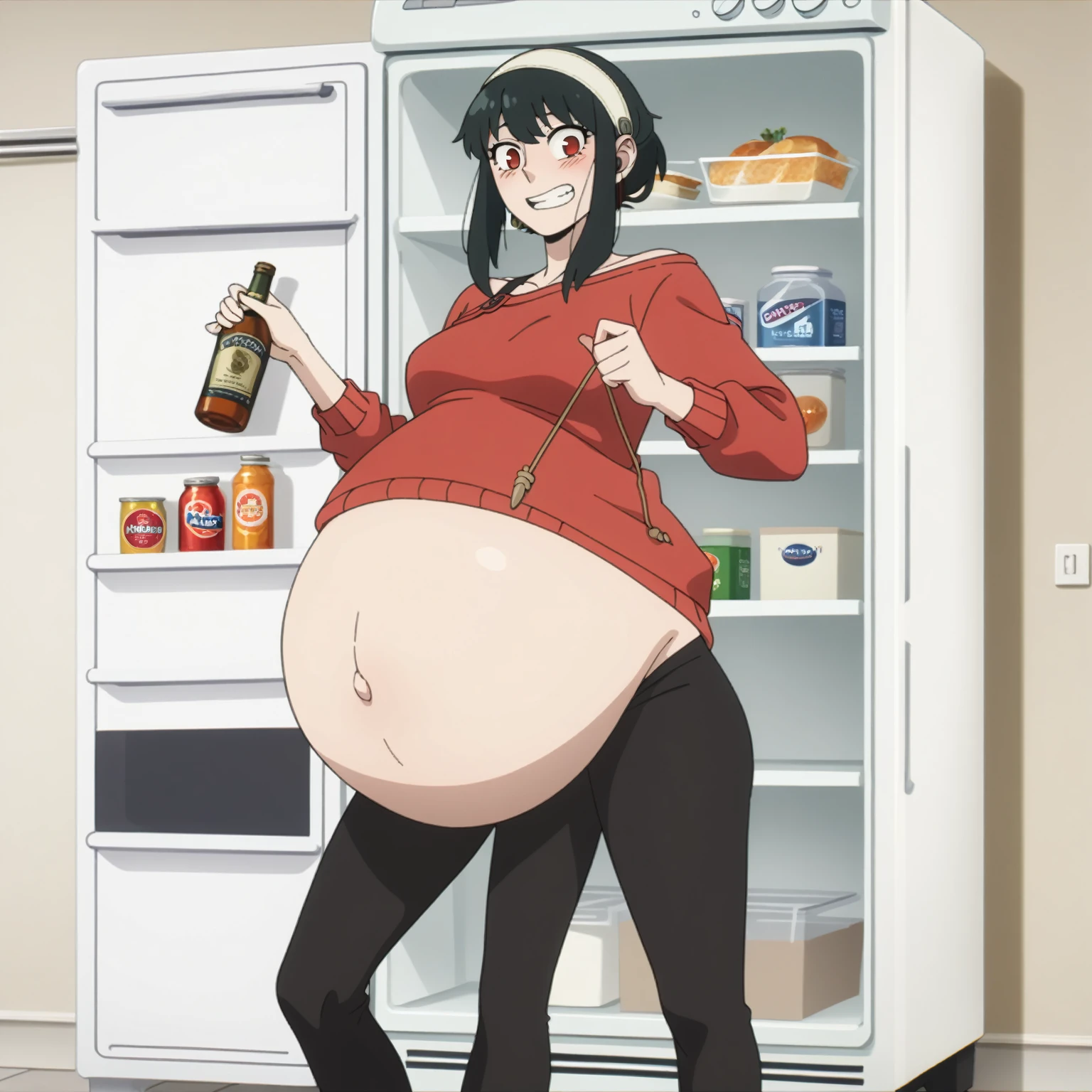 I look at the viewer, One, yorforger,1 girl, ((medium breast)), ((belly stuffed)), ((huge belly)), ((Very drunk)), ((staggers)), black hair, Red eyes, short hair with long strands, white hair band, from the shoulder, red sweater, black tights, ((drank too much)), ((exhausted)), ((excited)), ((in front of the refrigerator)), ((Outdoor refrigerator)), ((lean on the fridge)),
