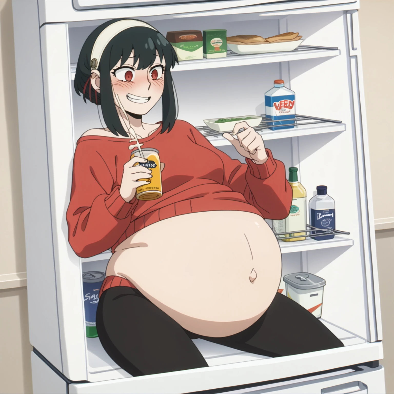I look at the viewer, One, yorforger,1 girl, ((medium breast)), ((belly stuffed)), ((huge belly)), ((Very drunk)), ((staggers)), black hair, Red eyes, short hair with long strands, white hair band, from the shoulder, red sweater, black tights, ((drank too much)), ((exhausted)), ((excited)), ((in front of the refrigerator)), ((Outdoor refrigerator)), ((lean on the fridge)),