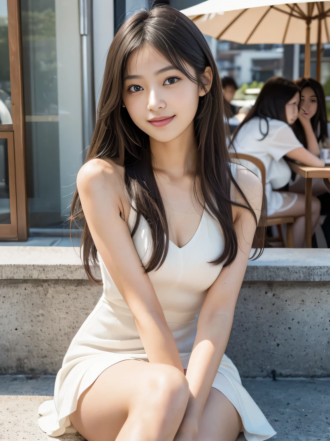 Highest quality, Soft Light, Ultra-high resolution, (Realistic:1.4), RAW Photos, ,fashion magazine, whole body、Knee Shot, Of Japanese, high school girl,  alone, cute, (pupil, Light in your eyes), Beautiful face in every detail, (Long Hair), Natural skin texture, Cafe, Open Terrace, Blurred Background, One-piece dress, (A shy smile)