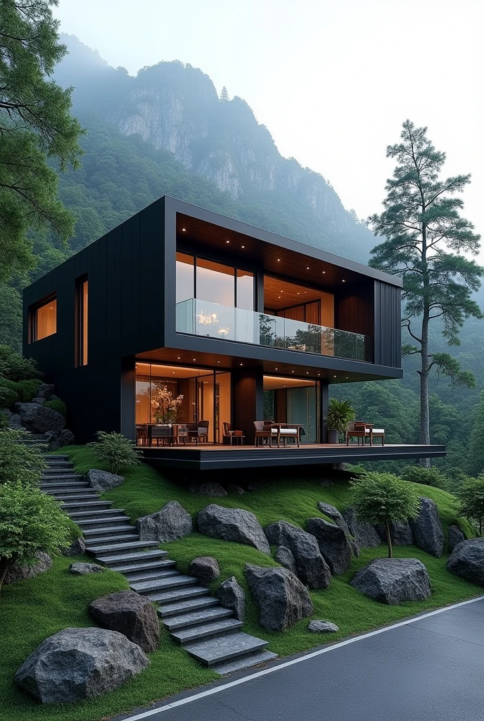 A villa house ,medium size ,black and gray color, 5 rooms,on a roadside mountain forest site in india