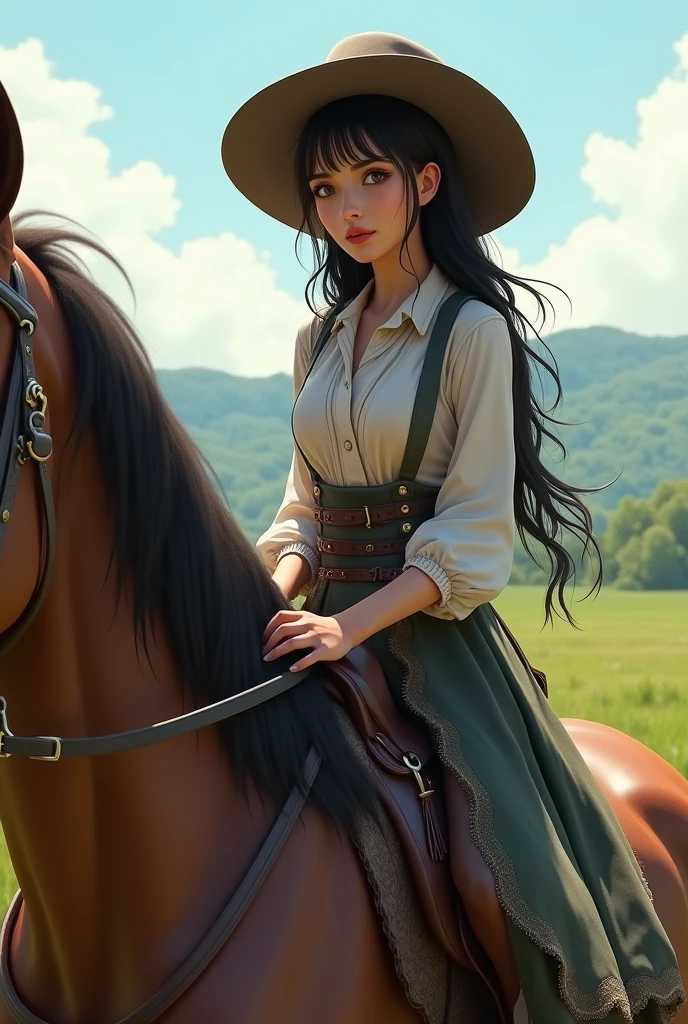 Skinny brunette with a hat on a horse