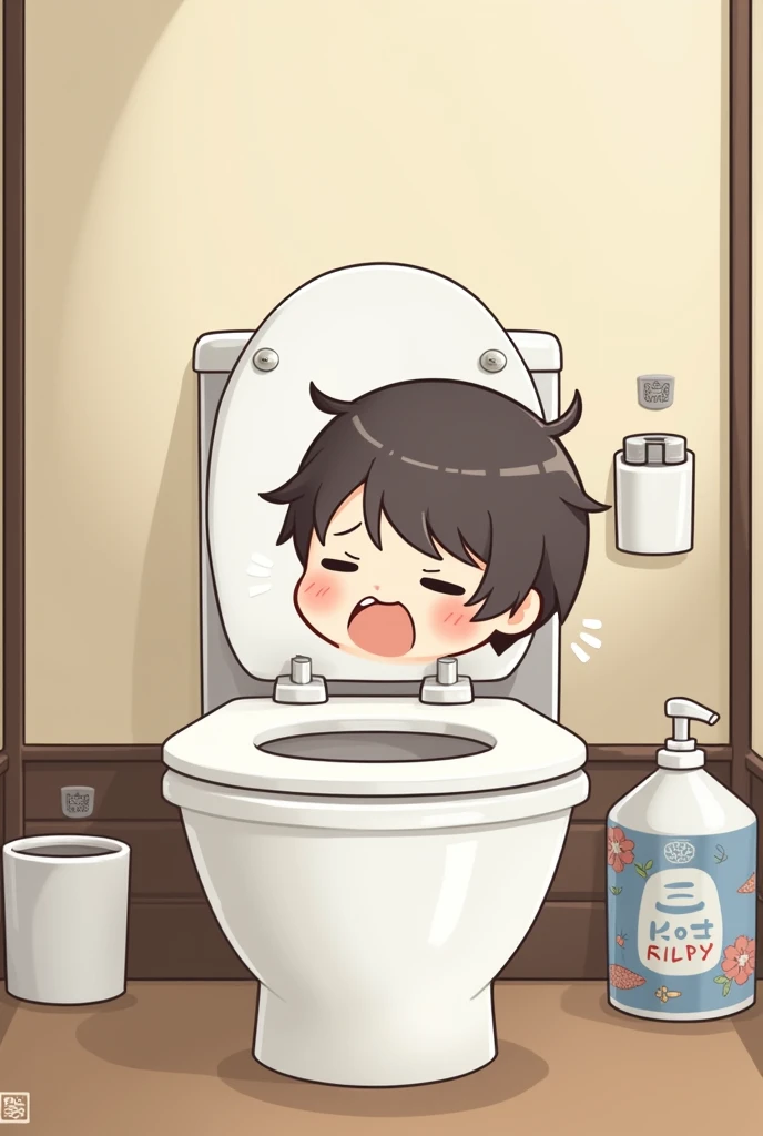 A young and cute Japanese with boyish hair looks embarrassed about peeing in a Japanese-style toilet.