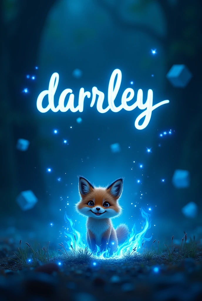 The inscription &quot;Darrley&quot;, Black background, blue flame below, blue sparks from flame, fox in the center, the fox is smiling, fox small and cute, all sorts of white geometric objects on the background, objects are blurred in the background, fox and inscription blue and white, Logtype, Darrley under the fox