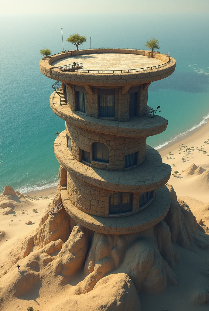 I need you to create a circular stone viewing point with paths that define the descent from that great height., to the lowest. This stone lookout point is at the top of the Pachamac topography., lurin, which is SAND . With a view of the sea and the Pachacamac Islands. You can create platforms on the sides to take advantage of the height. and to point out the sandy area of the place,. And add roofs with eco-friendly materials to the viewing points. REMEMBER IT IS A DESERT AREA. 