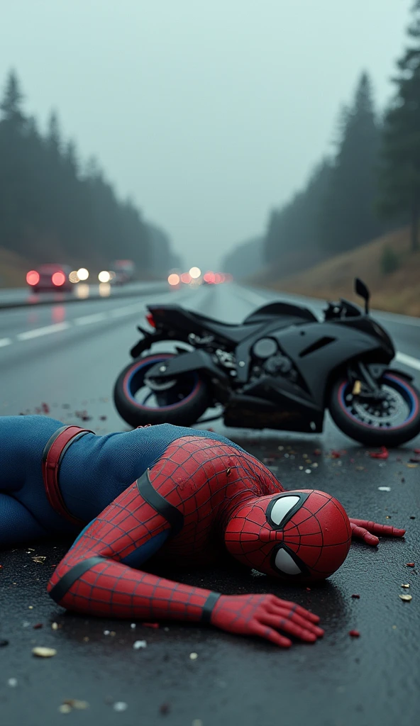 It looks like this image depicts Spider-Man lying injured on a highway next to a damaged motorcycle, possibly after an accident. The scene is quite dramatic, with traffic and a cloudy sky in the background, creating a sense of urgency and danger. Let me know if you'd like to discuss or edit the image in any way.