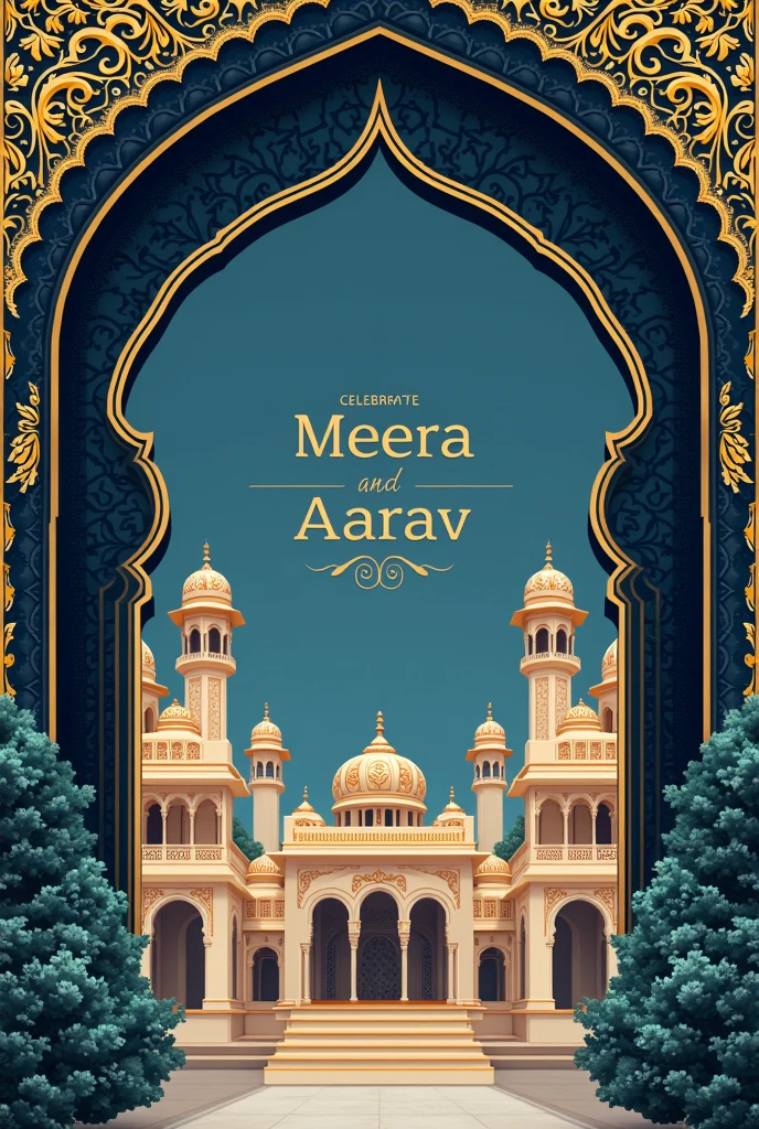 Here’s a prompt you can paste on other platforms:
---
**Design Request:**
- **Theme:** Royal Udaipur Palace
- **Names:** Meera & Aarav
- **Wedding Date:** 1st March 2025
- **Color Scheme:** Deep blue, gold, and ivory
**Design Details:**
- Use a grand arch or palace gate as the central motif, inspired by the architecture of Udaipur palaces.
- Include intricate gold detailing resembling Rajasthani art, such as "Jharokhas" (decorative windows) and "Mughal" patterns.
- Incorporate peacock feathers or motifs to symbolize royalty and elegance.
- Display the names in an elaborate, elegant font with a royal touch.
- Add subtle elements like "Shehnai" (a traditional Indian musical instrument) or "Palki" (palanquin) to enhance the royal theme.
- Consider using a gold foil effect for some elements to give a luxurious feel.
**Objective:**
Create a design that exudes luxury and grandeur, reflecting the royal heritage of Udaipur while maintaining a sophisticated and elegant look suitable for a destination wedding. Balance rich details without overwhelming the design.