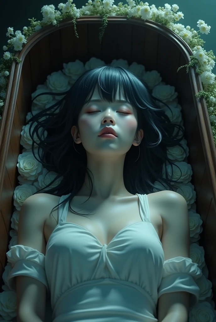 Makima of chain saw man death body anime, in casket,with beautiful makeup, closed eye closed mouth
