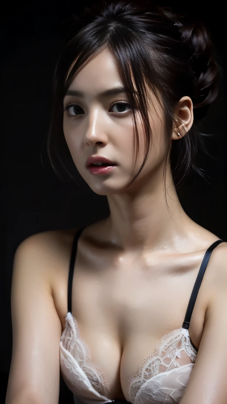 Beautiful in lace lingerie, Nude Lingerie, Detailed lace bra and panties, Small, round breasts, Wavy bun hairstyle, Porcelain-like skin, Detailed face, Beautiful Eyes, Long eyelashes, Fuller lips, Delicate facial features, Natural pose, Dramatic lighting, Dark and gloomy atmosphere, Cinematic, 8k, Realistic, masterpiece, Very detailed, high quality