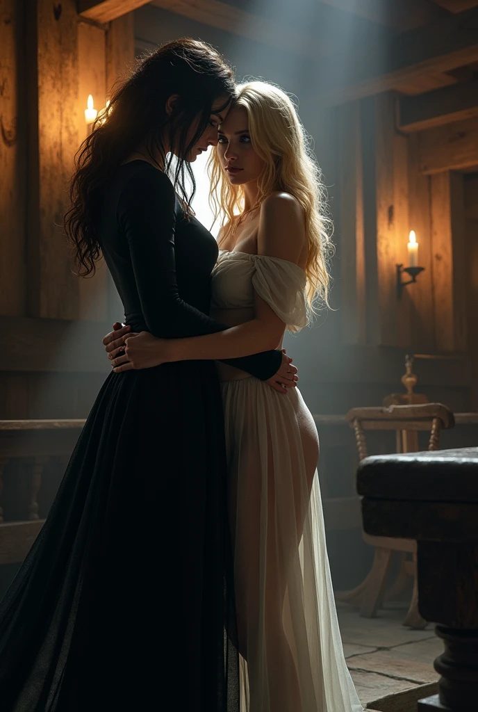 Jane of Shadows at the Sign of The Burning Pestle inn with her arm around the waist of Evene the beautiful mysterious naked blonde witch,medieval