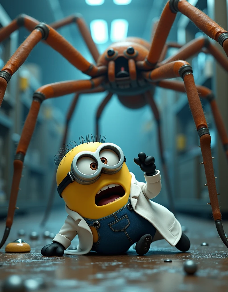 Minion Kevin white scientist suit. under attack by giant spiders. Minion Kelvin lies on the floor with a frightened look on his face. Scene of chaos. 