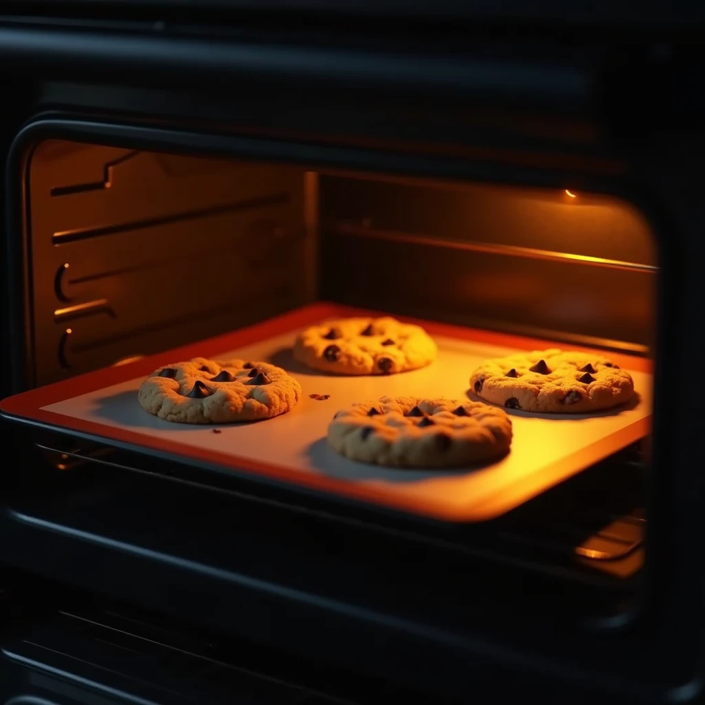 "Chocolate chip cookies baking in a black modern oven with no items on top, orange lighting, no people present, focus on the oven, with round cookies on a silicone mat placed on an oven tray, baking."