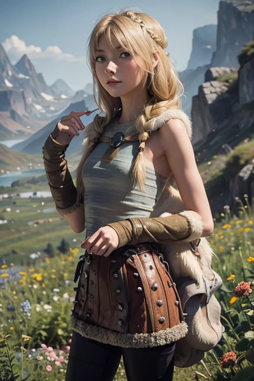 astrid hofferson, naked, Skinny body, small bust, very feminine, beautiful passage, the flowers shine, mountains in the distance