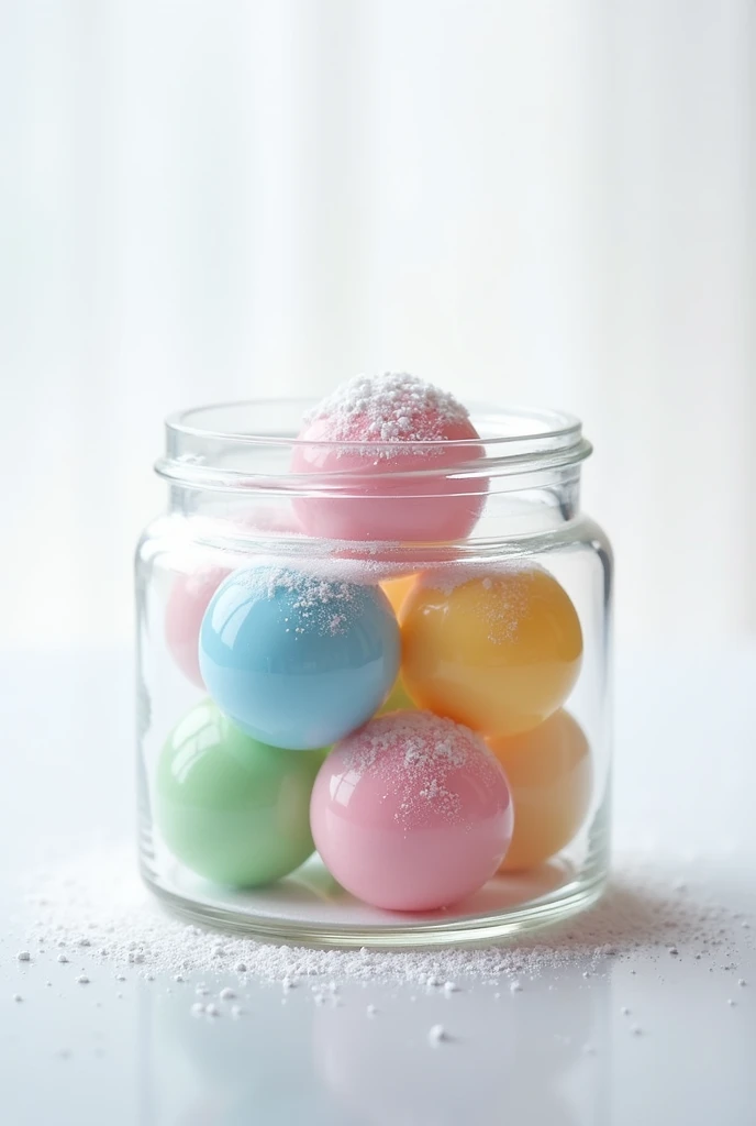 milk balls with color blue, pink, green, yellow in glass jar, HD, transparent background, with many white milk powder on top of the milk balls