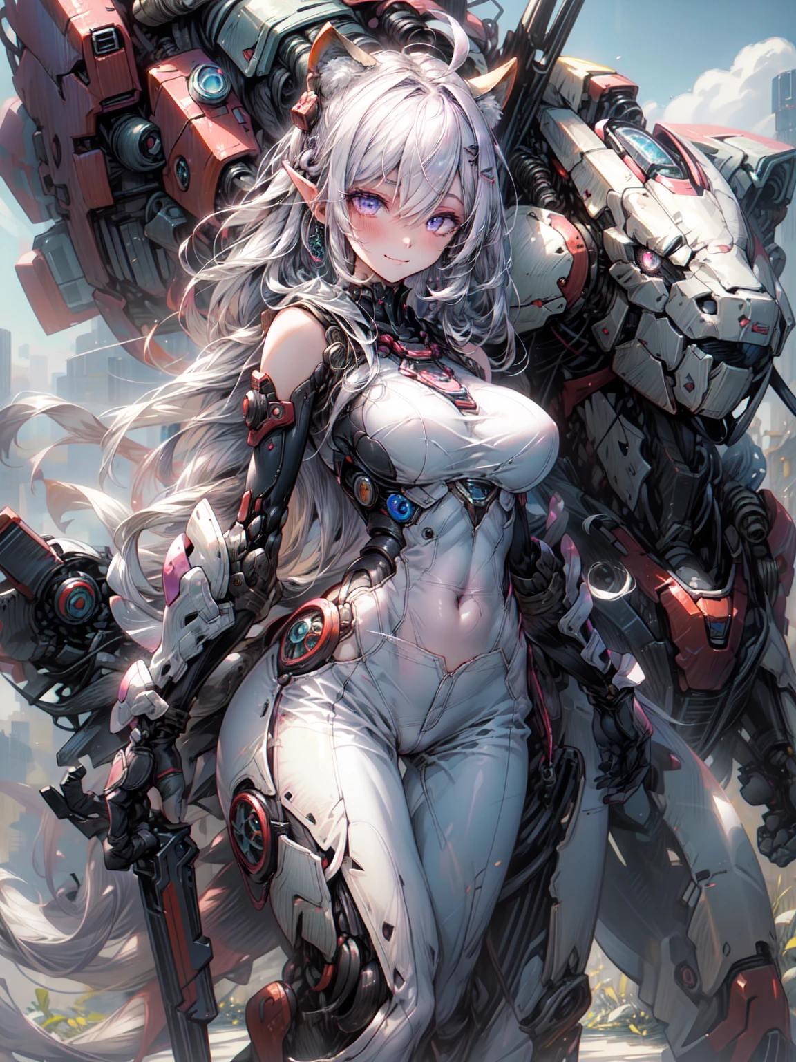Dragon Ears, cbpkv5,1 person,steampunk, (masterpiece, 最high quality, high quality, High resolution, Very detailed),  , (((Perfect female body, Tight waist))),(Big Breasts:1.2), Looking at the audience,(nude:1),(( Standing girl, Outdoor, alone, )), (Black Mecha,Mecha Dragonbane HD Girl,whole body), break、（Dark Elf), (1 person), alone, Perfect Face, Get used to it, Ahoge, ((Long Hair:1.2)), (Hair above one eye:1.3), [[Messy Hair]], Shiny blonde white hair, Purple eyes, Variegated eyes, Colorful Hair, Shining Eyes, (eyelash, eye shadow, pink eye shadow), bright, smile, Design Art：Haruhiko Mikimoto, by Kawashi, By Yoshitaka Amano