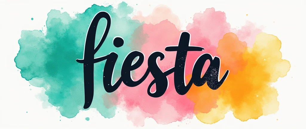 banner with the background colour in watercolours teal, pink and yellow, the word "Fiesta" in bold in the forefront of the poster , the writing must also incorporate all the colours teal pink and yellow