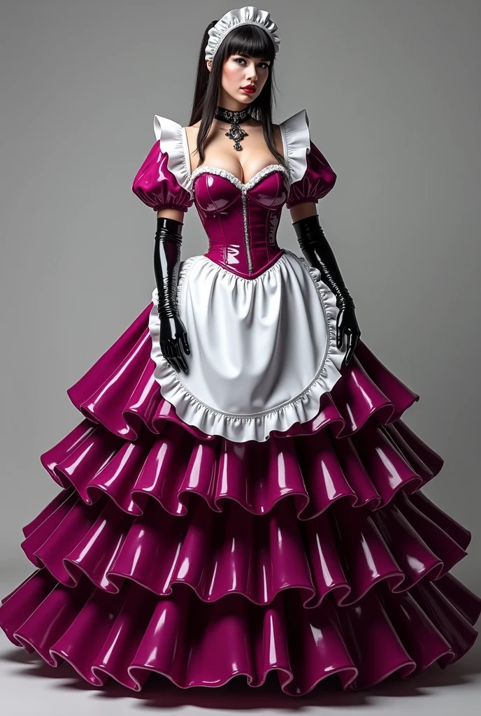 victorian maid in wide magenta Latex Gown, neckline, show the whole body, red lips, white apron, voluminous skirt, with black latex gloves, many ruffles, puff sleeve, show titts, show vagina, Picture from head to toe, The whole dress touches the floor,