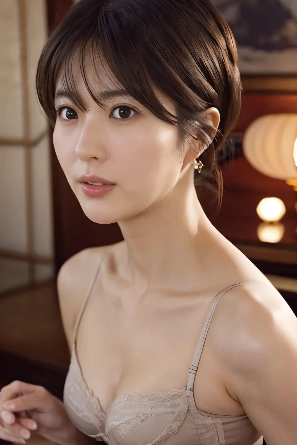 cinematic color, beautiful japanese woman, 40 years old, (best quality, ultra-detailed), detailed face, detailed eyes, correct anatomy, feminin lighting, messy hair, wearing lingeries, delicate features, dreamy atmosphere