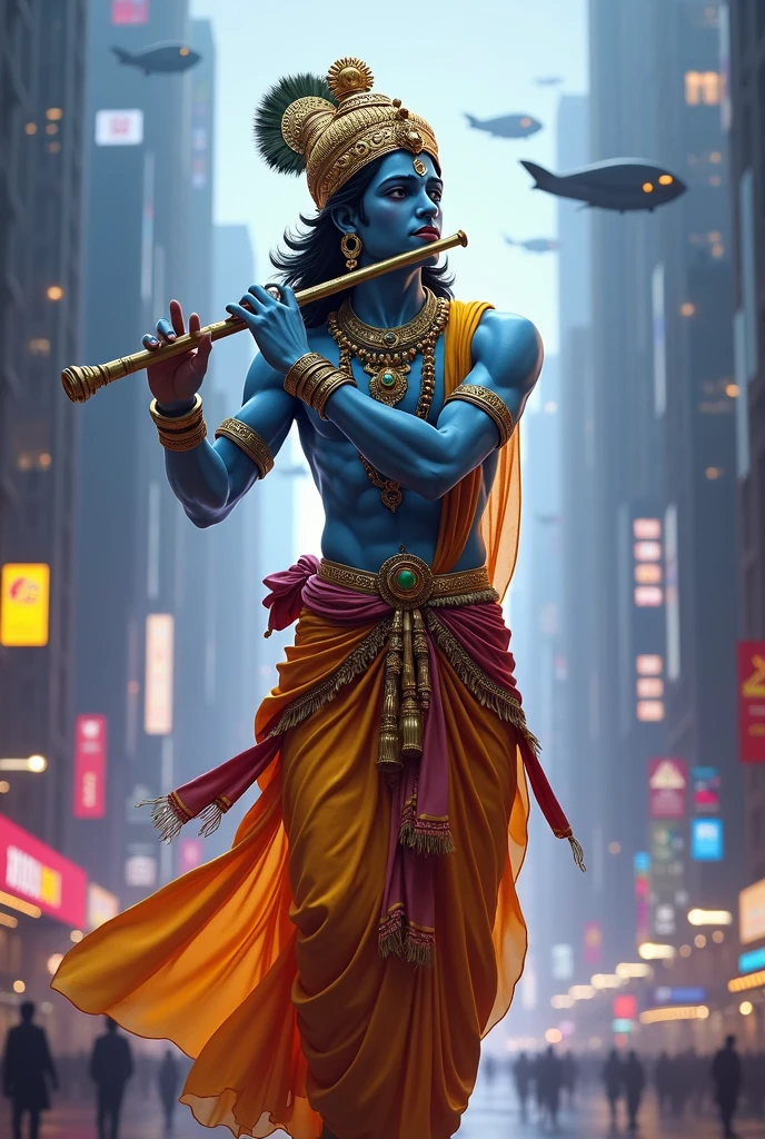 Lord shree krishna flute playung in cyberpunk style in modern look