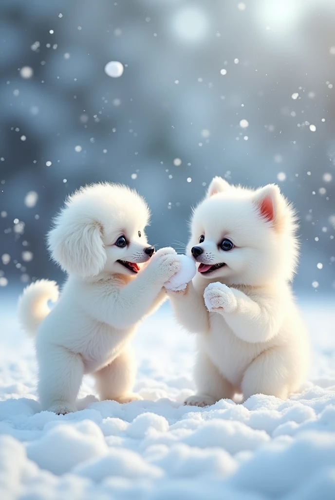 Snow Scene、snowball fight、Cute white toy poodle 、Cute white pomeranian baby Head、トイプードルとポメラニアンのsnowball fight