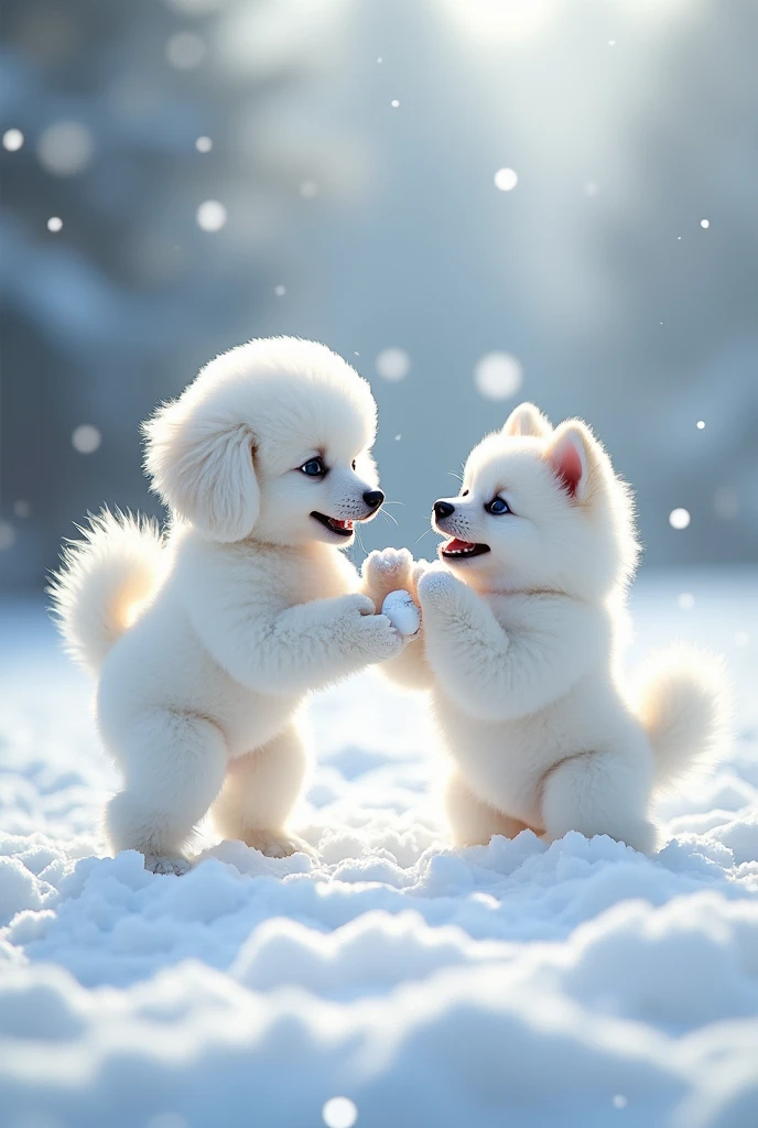 Snow Scene、snowball fight、Cute white toy poodle baby、Cute white pomeranian baby、Big Head、トイプードルとポメラニアンのsnowball fight