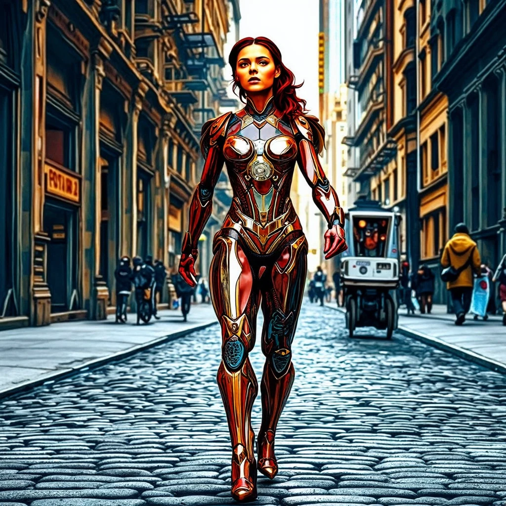 The Iron Woman walking in the city street pavement elegantly. Street photography. Insanely super detailed and intricate, ornate, hyper-realistic, hypermaximalist, photograph, super detailed, high resolution, full color, 4K, 8K high Definition. Canon EOS 5D Mark III, 35 mm Canon f/16, Exposure time: 1/12