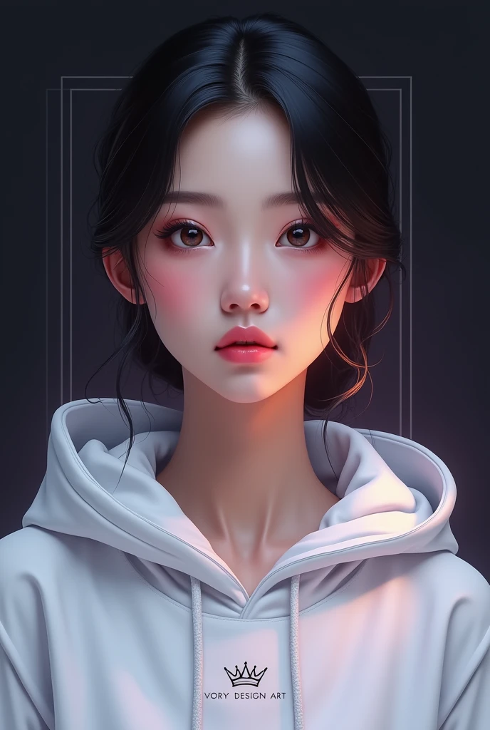 A beautiful natural clean realistic Indonesian woman wearing a white hoodie and in a 3D frame, text name "WHITE STAR" signature font inside glossy purple circle glass and in the middle there is text "IVORY DESIGN ART" crown logo and white color coated with glossy carbon with a subtle faint glow. dark black background HD
