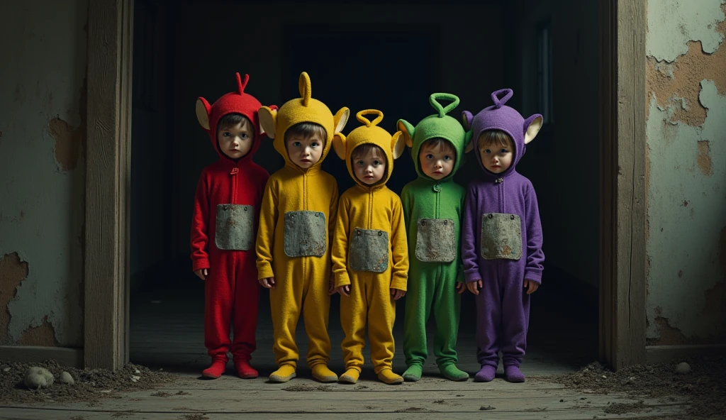 A group of four  standing together in an eerie, dimly lit orphanage. Each child wears worn, tattered clothes in the distinct colors of the Teletubbies: red, yellow, green, and purple. Their faces look sad and haunted, with expressions of fear and hopelessness. The background is dark and gloomy, with old wooden floors and walls, casting long shadows. The children’s clothing, though colorful, contrasts with the bleak environment, hinting at their tragic fate. The atmosphere is somber, with a sense of foreboding and despair.