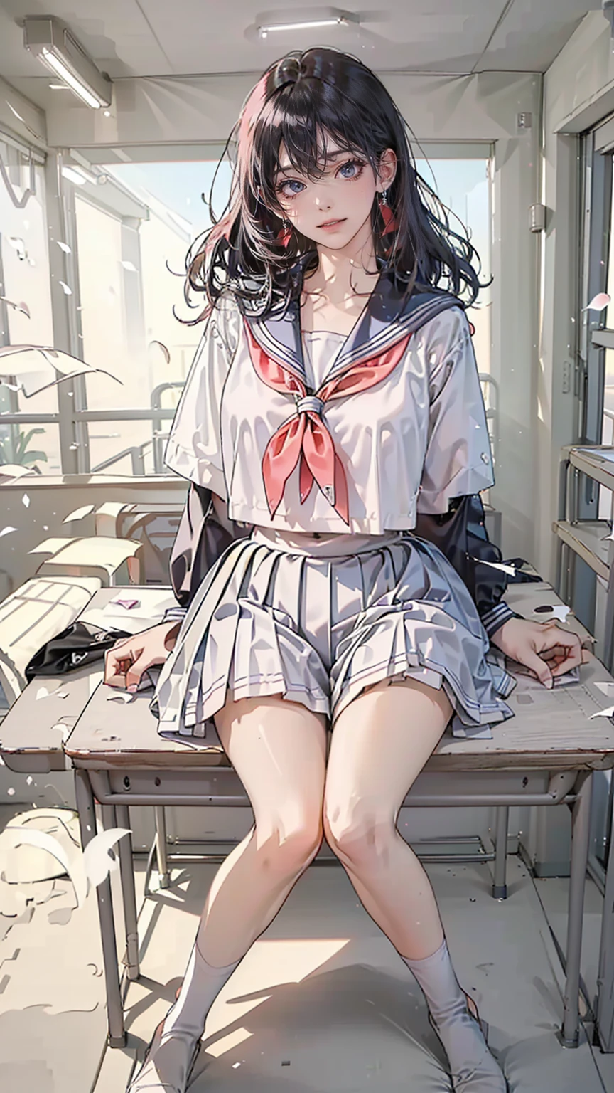 ,High school、School classroom,Description of the classroom,机の上にSitting、Sit at a desk(whole body, legs and 靴 visible: 1.2),masterpiece, Highest quality, Ultra-high resolution,Sailor suitを着用、long hair、Black Hair、Very beautiful、Very large breasts、Big Breasts、Very sexy、Sexy pose、whole body図、Mouth open、Shocking pink lipstick、,(Ideal body proportions:1.5),(Very beautifully detailed large eyes:1.5), (Embarrassing,blush:1.7),Beautiful detailed hair , Beautifully detailed face, Perfect feminine face, , (Dressed,Sailor suit:1.6),(Under the chest:1.7), (beautiful saggy breasts,Beautiful huge breasts:1.4), (Big cleavage:-0.0),(Open your mouth:1.6),art,(Sexy pose:1.5),(I want you,Gentle Love:1.6),,(Sitting,Spread your legs:1.6),(heavy breatheing,breathe,fog:1.7),光沢のあるSailor suit､The whole body is covered in oil and has a glossy look.,
