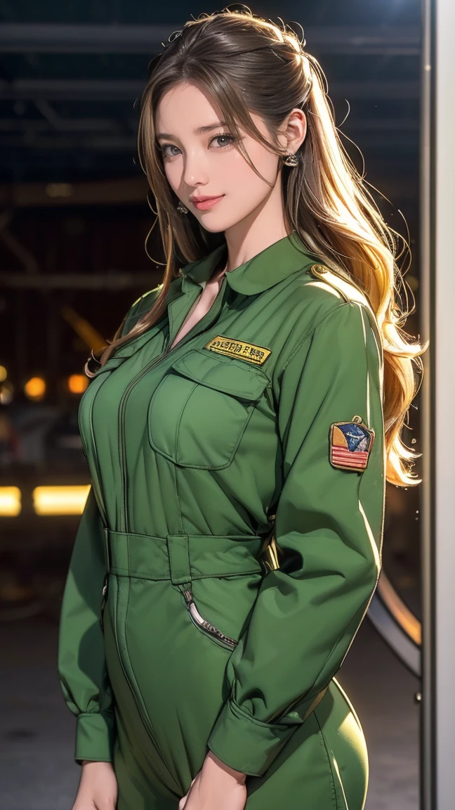 (Very detailed, Realistic, Highest quality, 4K, 8k, High resolution, masterpiece:1.3), An attractive flight attendant with a graceful and elegant figure. Erin Anderson is tall and slender, long, Long, wavy, golden blonde hair styled in loose curls. Long hair that reaches down to the buttocks.She has attractive, friendly, bright green eyes.（Long hair that reaches down to the buttocks:1.5）((とてもlong髪))((Smile、Embarrassed smile))((Realistic image of a extremely pretty female Aircraft mechanic, solo), Inside a spacious Aircraft hangar, Monoplane fighters of the World War II era line the background, Aircraft parts scattered on the floor, Tools for maintenance, She does aircraft maintenance, (wearing Military camouflage patterned Long-sleeved mechanic's coverall), (wearing mechanic's heavy-duty glove), (Wearing a headset), her hair is tied back later, very professional mechanic, inscrutable smile