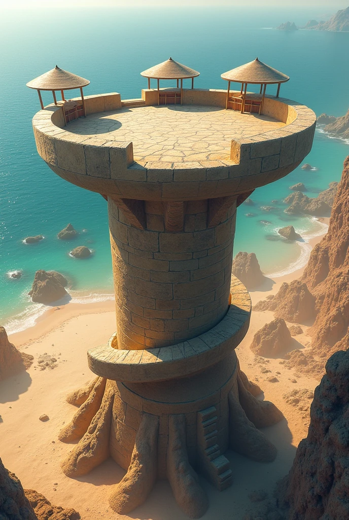 I need you to create a circular stone viewing point with paths that define the descent from that great height., to the lowest. This stone lookout point is at the top of the Pachamac topography., lurin, which is SAND . With a view of the sea and the Pachacamac Islands. You can create platforms on the sides to take advantage of the height. and to point out the sandy area of the place,. And add roofs with eco-friendly materials to the viewing points. REMEMBER IT IS A DESERT AREA.
