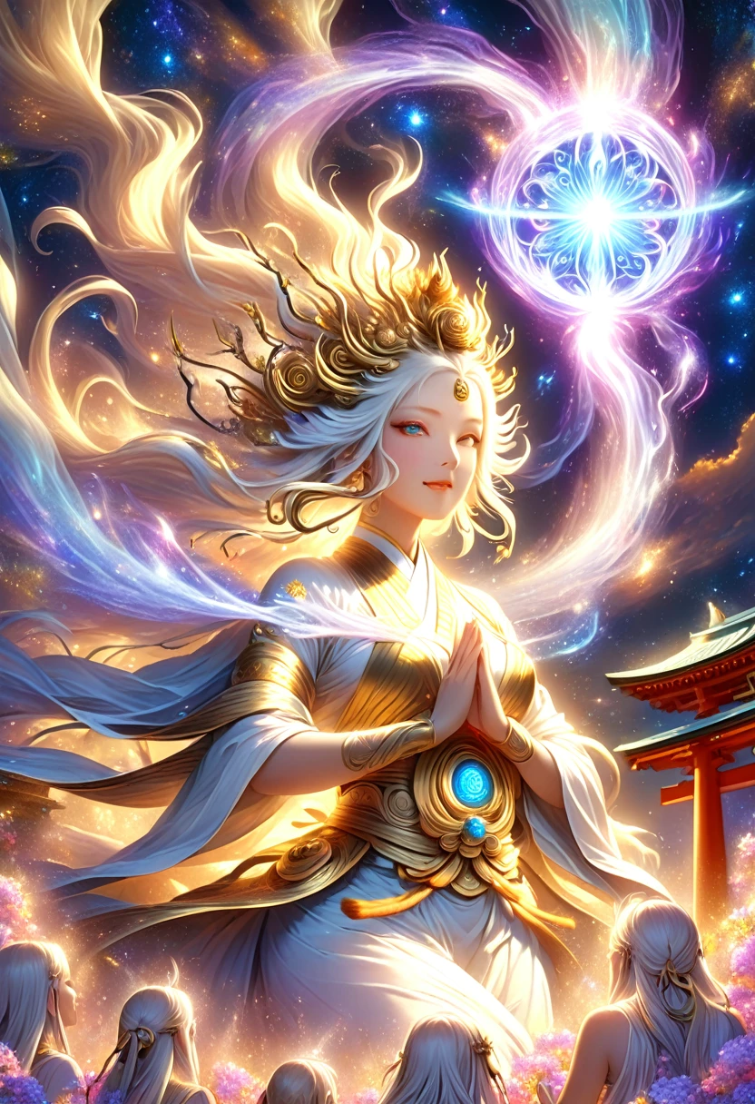 A majestic Golden Senju Kannon Bodhisattva, the Buddhist deity with a thousand arms, standing alongside a powerful Onmyoji, both engaged in a ritual of ancient sorcery. The deity, descending gracefully from the heavenly realms, radiates divine light, with each golden arm and hand intricately detailed and shimmering. The Onmyoji, dressed in traditional robes, is channeling spiritual energy, with mystical symbols and incantations glowing in the air around them. Both figures are surrounded by ethereal light beams, as they work together to weave powerful spells. Below, a crowd of devotees is gathered, kneeling and offering prayers in reverence, their faces filled with awe and devotion. The setting is a traditional shrine, with elements like lanterns, torii gates, and a gentle mist, all contributing to a scene filled with spiritual power and mystical energy.