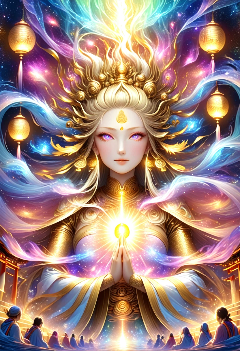 A majestic Golden Senju Kannon Bodhisattva, the Buddhist deity with a thousand arms, standing alongside a powerful Onmyoji, both engaged in a ritual of ancient sorcery. The deity, descending gracefully from the heavenly realms, radiates divine light, with each golden arm and hand intricately detailed and shimmering. The Onmyoji, dressed in traditional robes, is channeling spiritual energy, with mystical symbols and incantations glowing in the air around them. Both figures are surrounded by ethereal light beams, as they work together to weave powerful spells. Below, a crowd of devotees is gathered, kneeling and offering prayers in reverence, their faces filled with awe and devotion. The setting is a traditional shrine, with elements like lanterns, torii gates, and a gentle mist, all contributing to a scene filled with spiritual power and mystical energy.