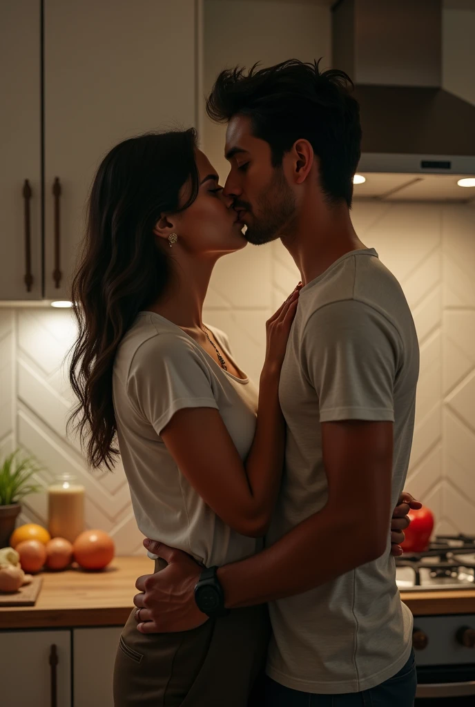 40 year old indian beautiful fair woman wears tshirt and slacks, lips kissing to 20 year old boy, at kitchen. Boy is standing in front the woman wears tshirt tshirt and shorts. Sexual facial expressions. Kissing and hugged